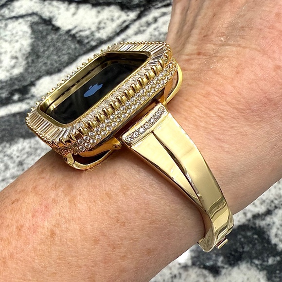 2 pc Apple Watch set yellow gold lab diamond case and crystal band classy bling - Picture 2 of 11